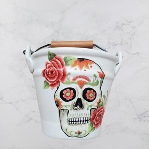 Day of the Dead Sugar Skull by Maxcera Pot With Wooden Handle 4.75"x6"